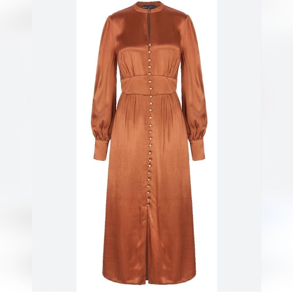 Marc & Spenser collection midaxi satin button down dress in bronse.